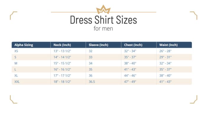 Men's dress shirt sizing chart